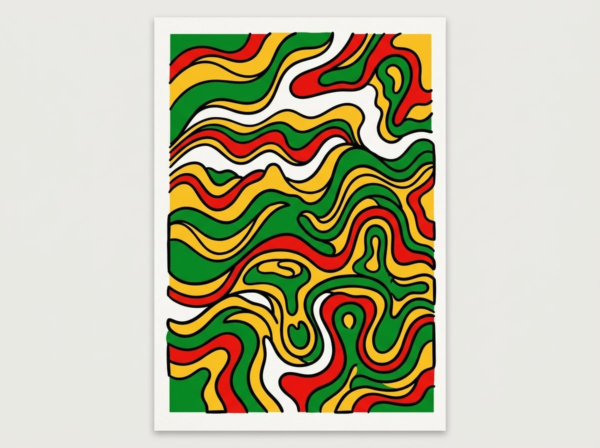 QA-BEL band artwork — abstract rasta poster art in green, yellow, red and black with bold outlines